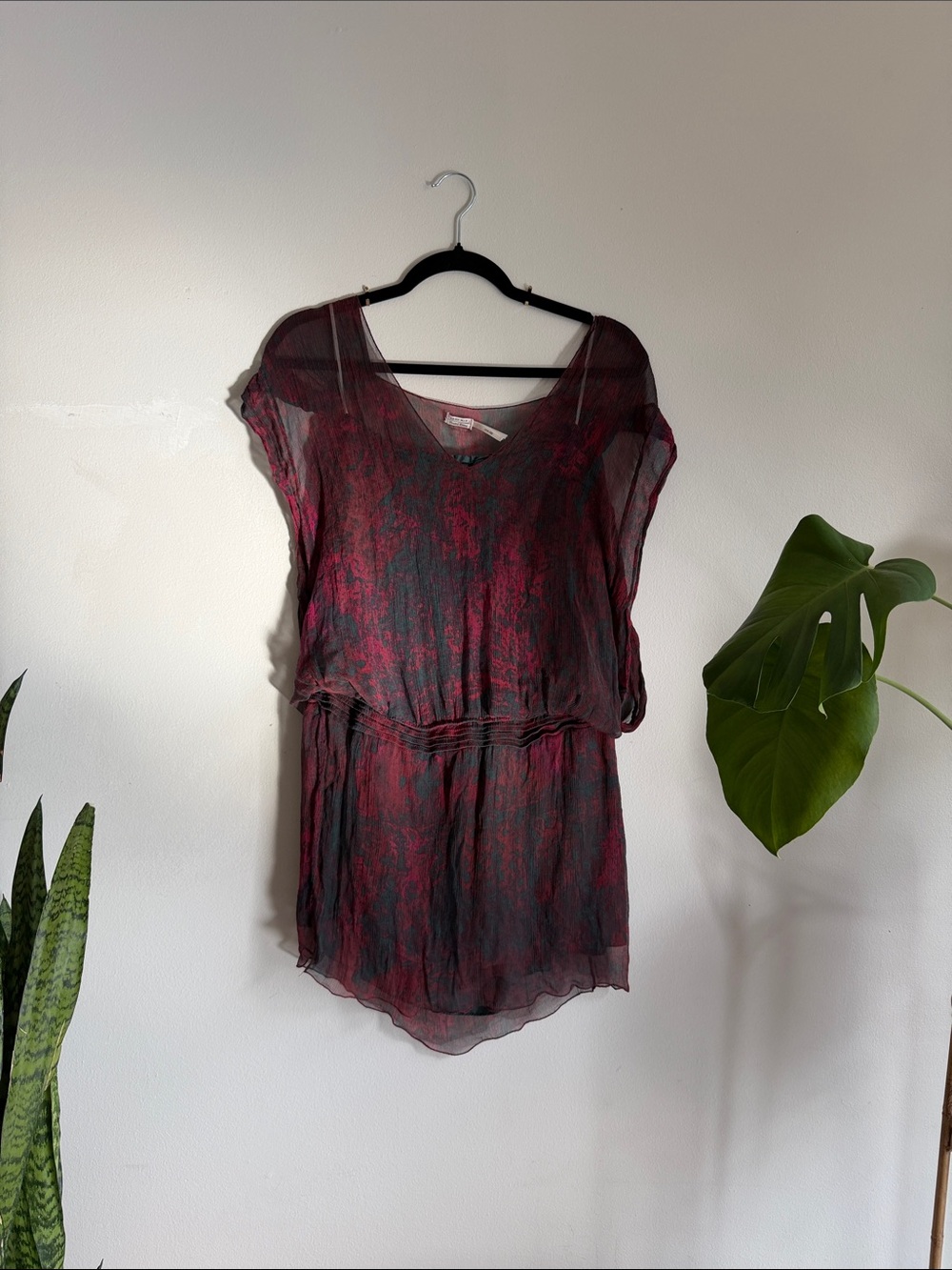 Semi-Sheer Red & Black Floral Mini Dress with V-Neck